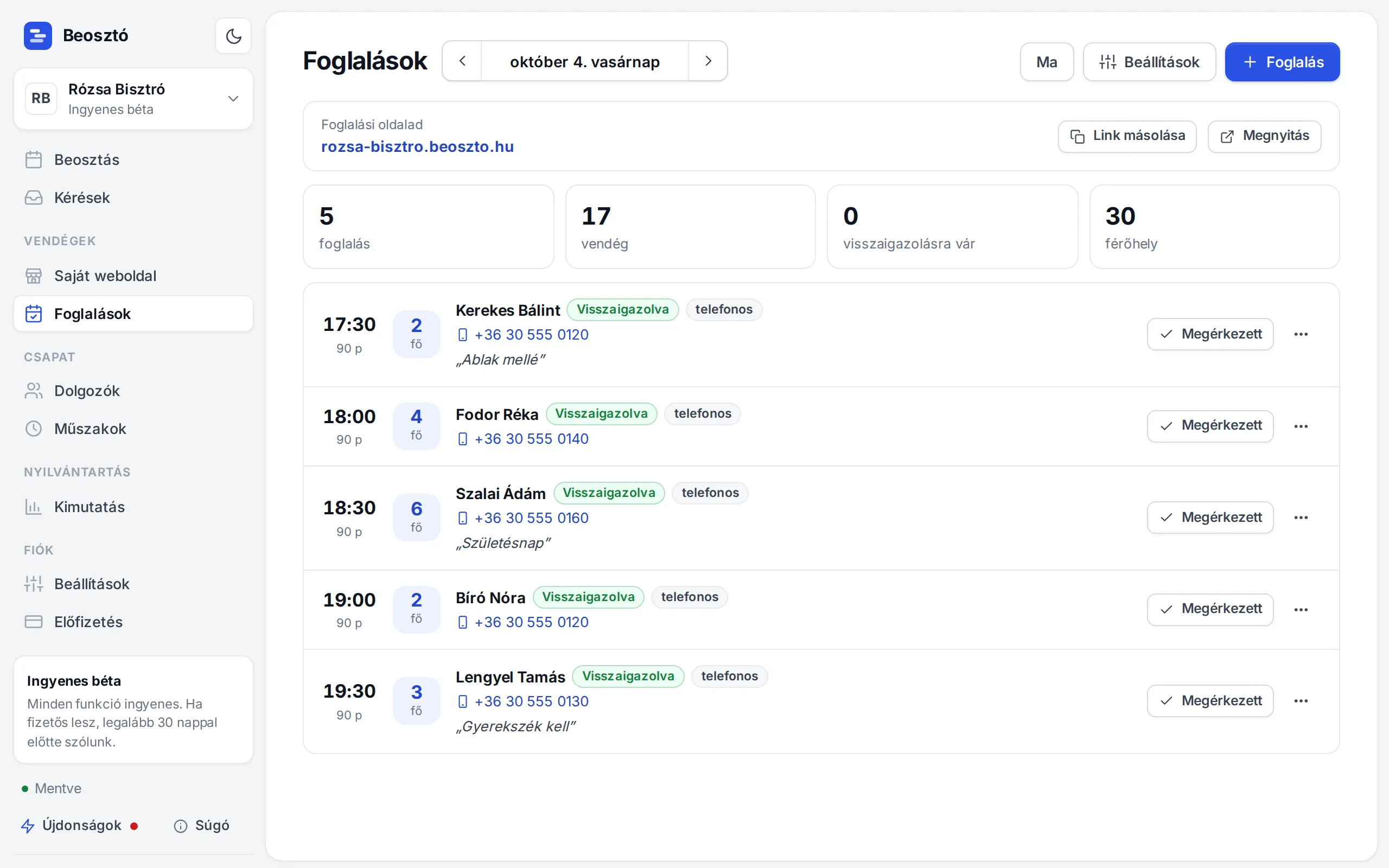 Foglalások az appban: napi lista