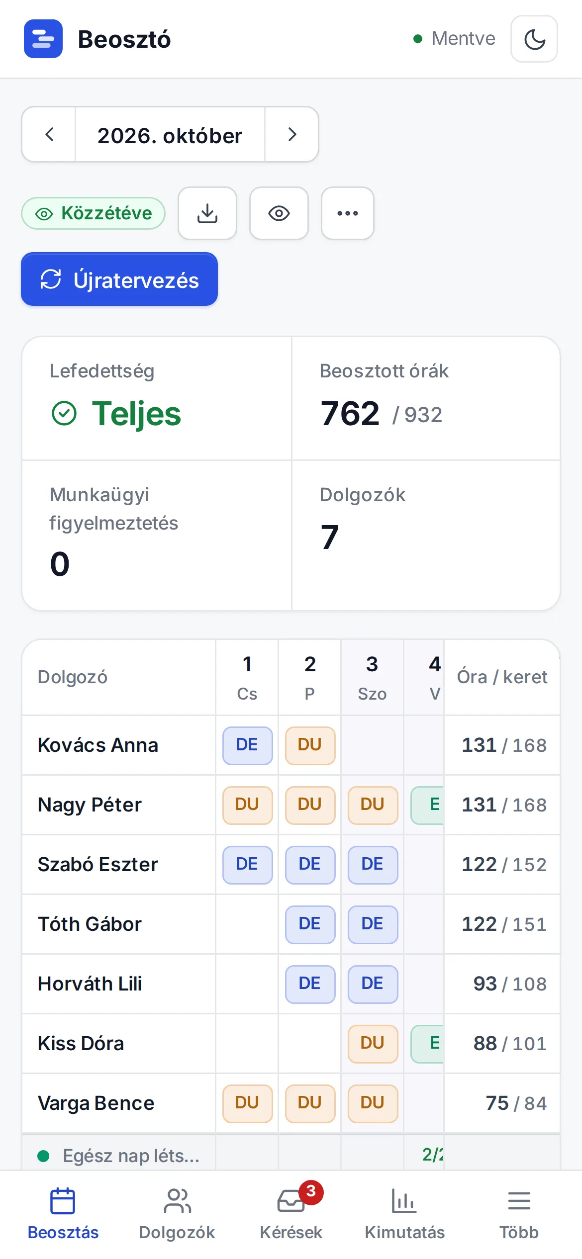 A Beosztó app telefonon: havi beosztás táblázat