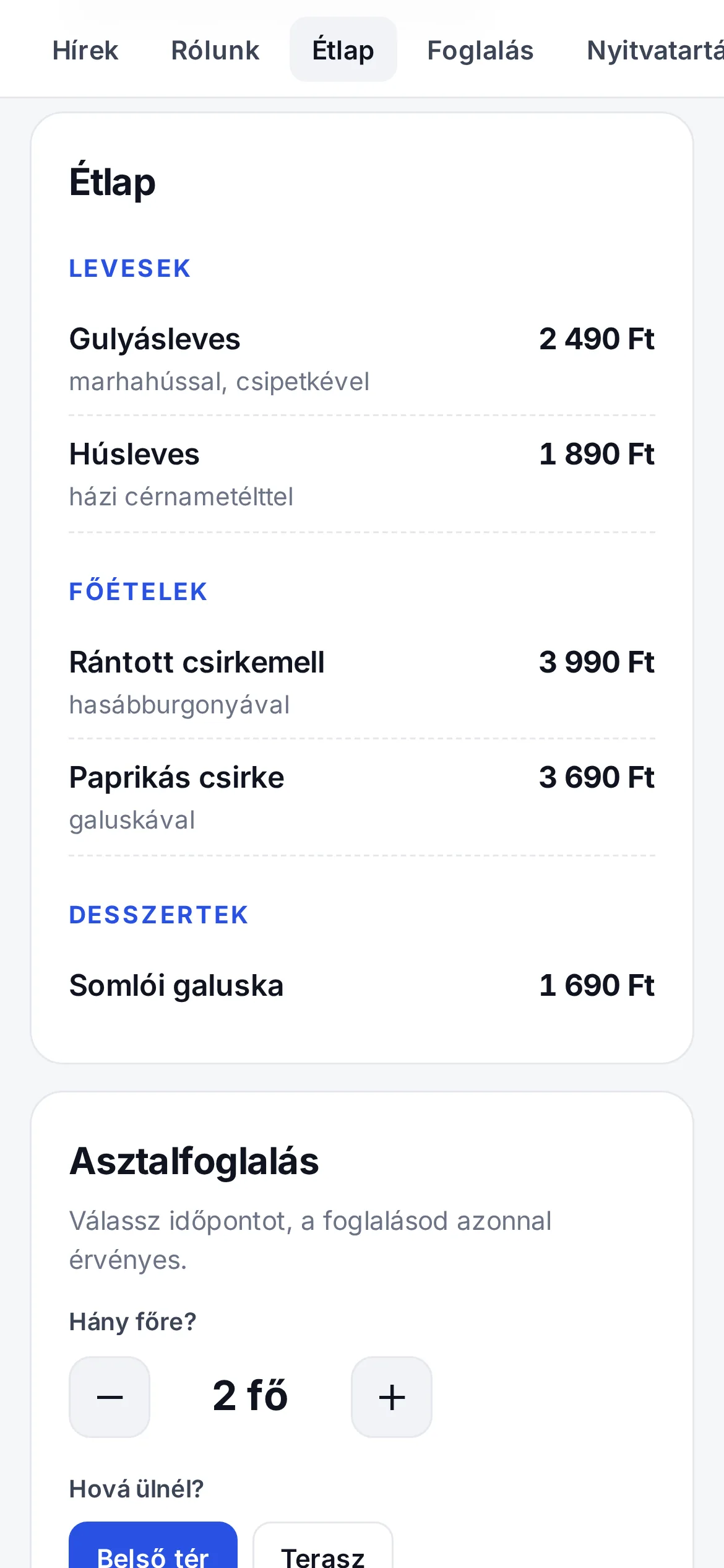 Étlap a saját weboldalon