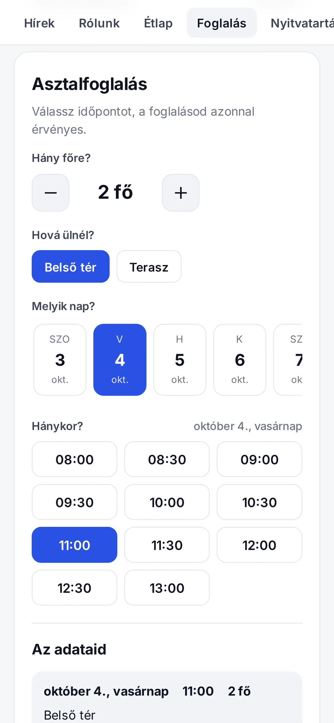 Asztalfoglalás telefonon: létszám, terület, nap, időpont