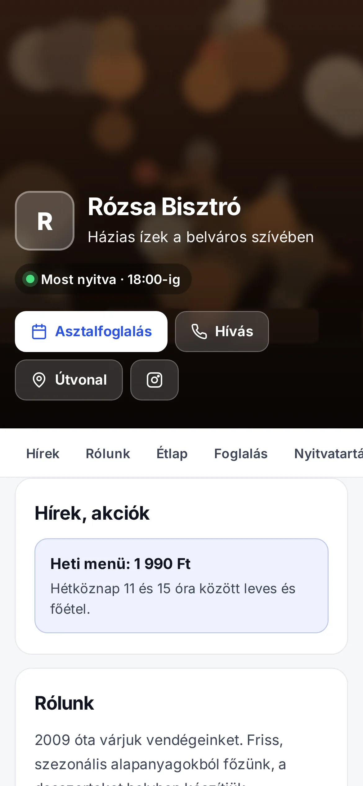 Az étterem saját weboldala foglalás gombbal
