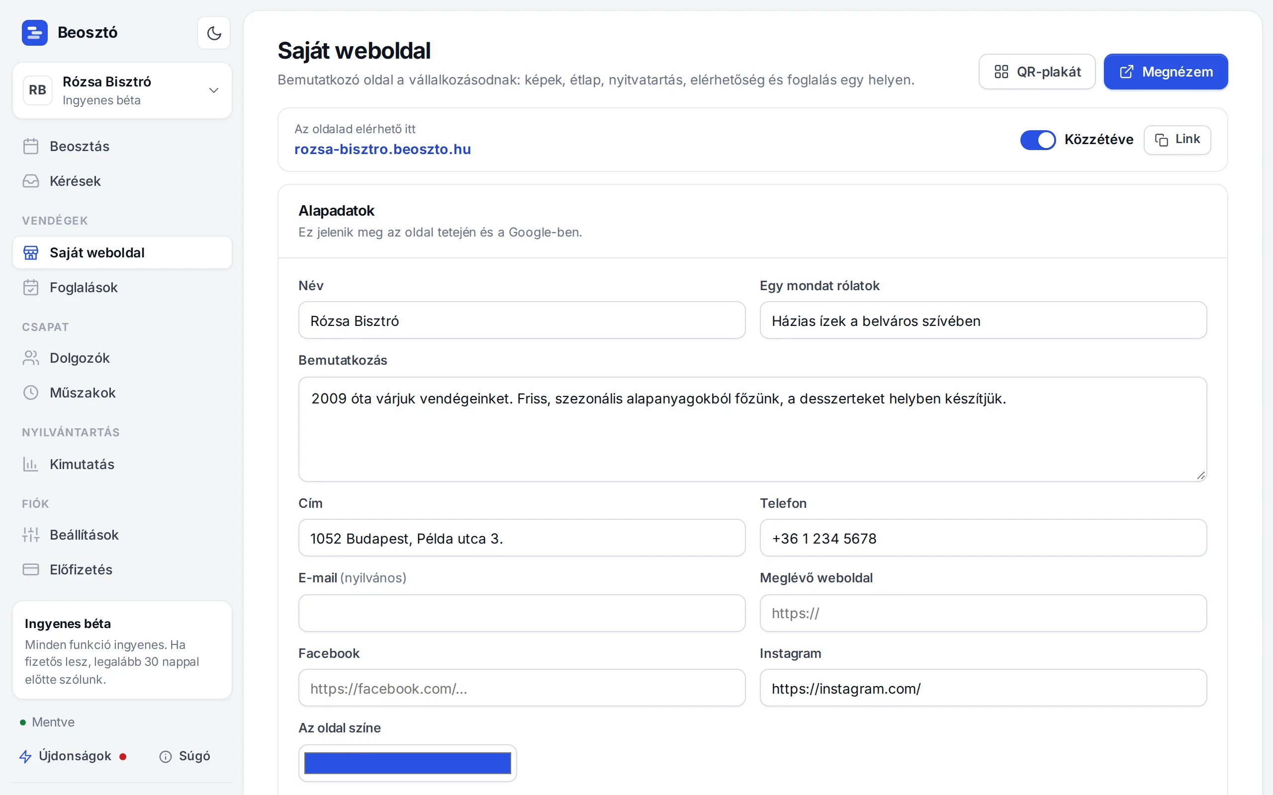 A saját weboldal szerkesztése a Beosztó appban