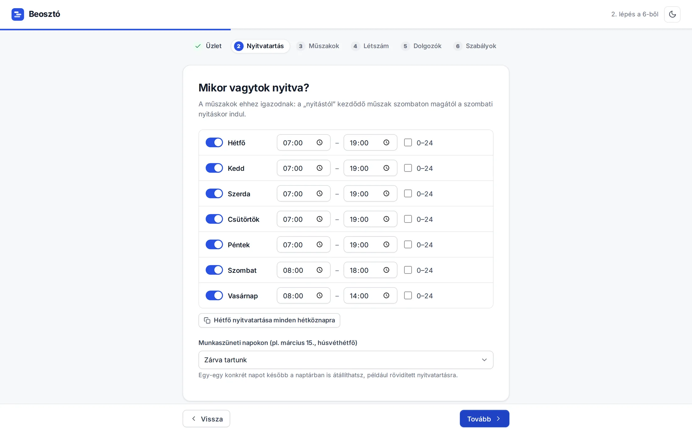 Beállító varázsló: nyitvatartás megadása naponként